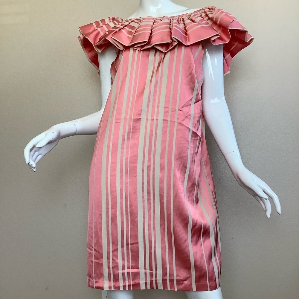 Trina Turk Coral Happy Elegant Coral Striped Ruffle Off-Shoulder Dress - Picture 5 of 11